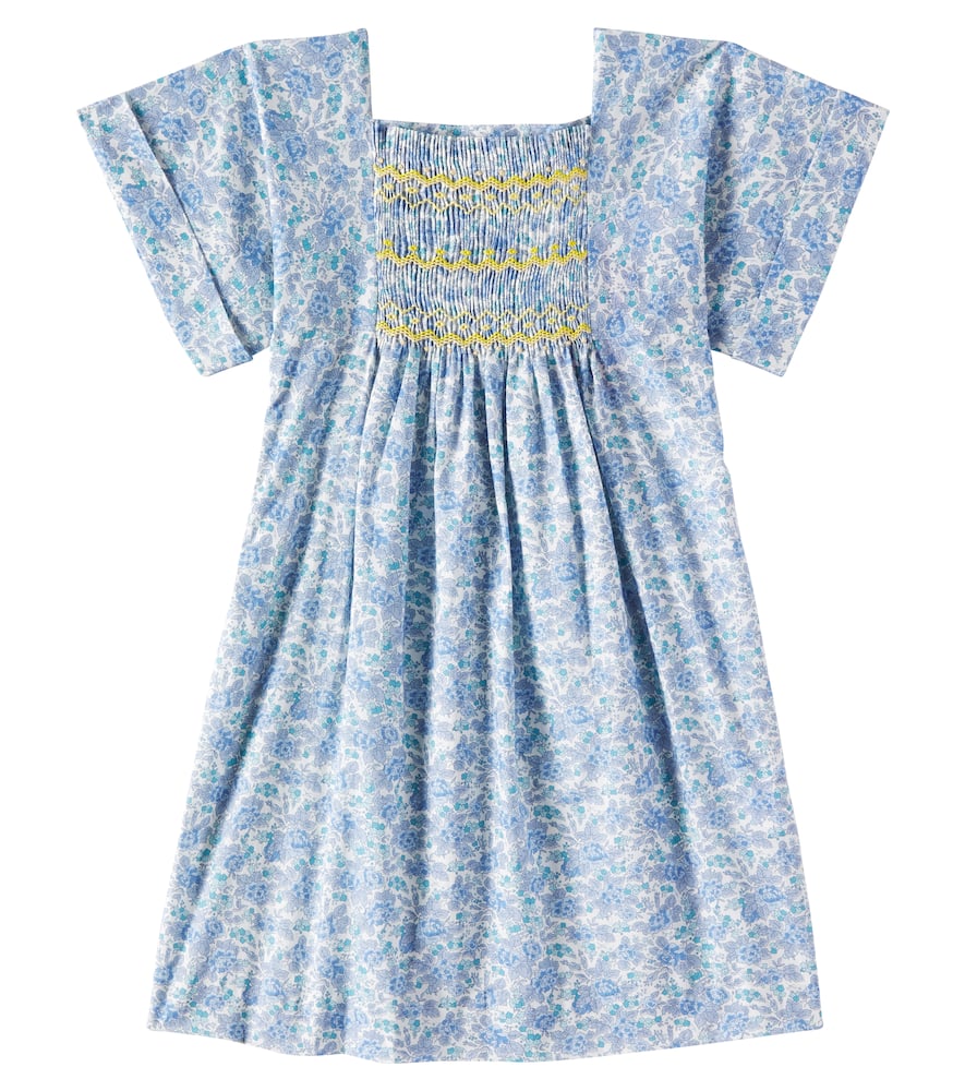 Bonpoint Paysanne Floral Smocked Cotton Dress In Blue