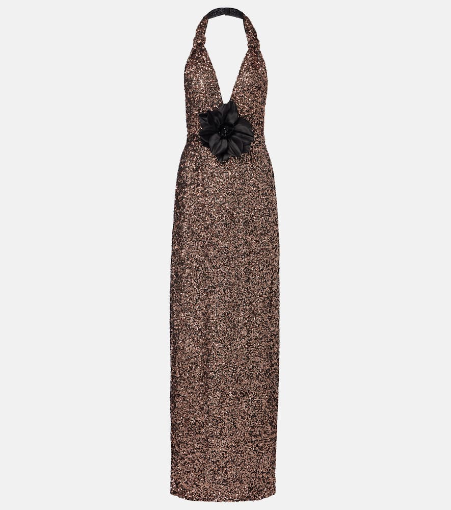 Dolce & Gabbana Floral-appliqué Sequined Halterneck Gown In Brown