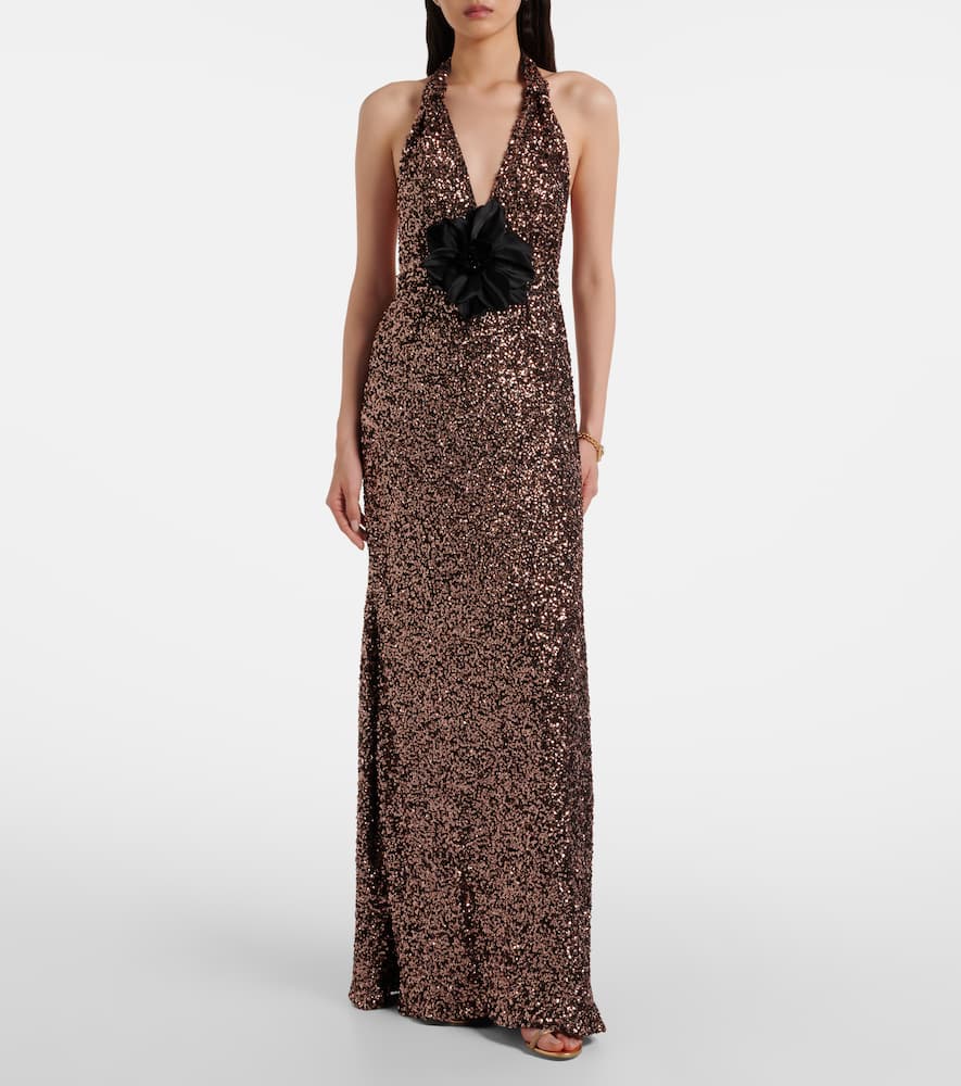 Dolce & Gabbana Floral-appliqué Sequined Halterneck Gown In Brown