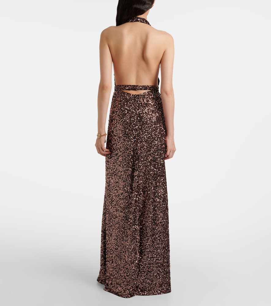 Dolce & Gabbana Floral-appliqué Sequined Halterneck Gown In Brown