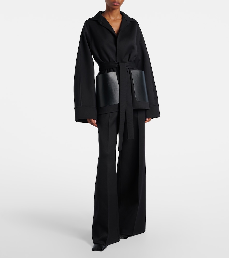 Alaïa Leather-trimmed virgin wool wide-leg pants
