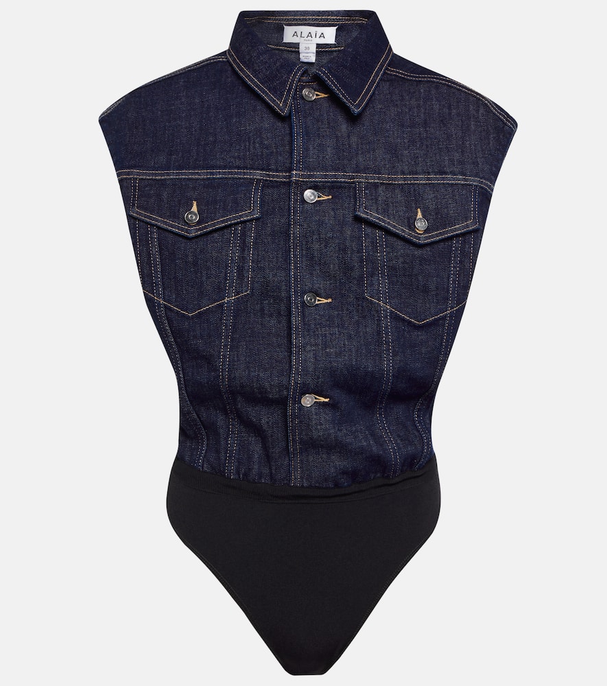 Shop Alaïa Denim Cotton-blend Bodysuit In Blue