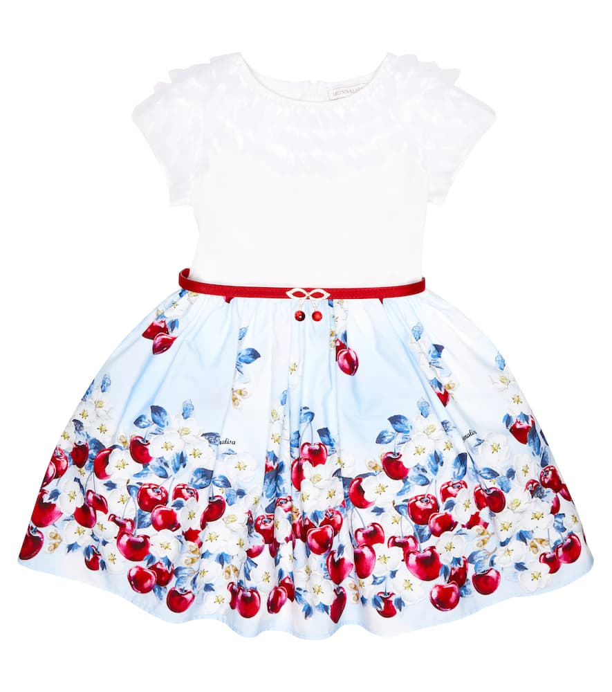 Monnalisa Kids' Jersey & Cherries Printed Poplin Dress In White,light Blue