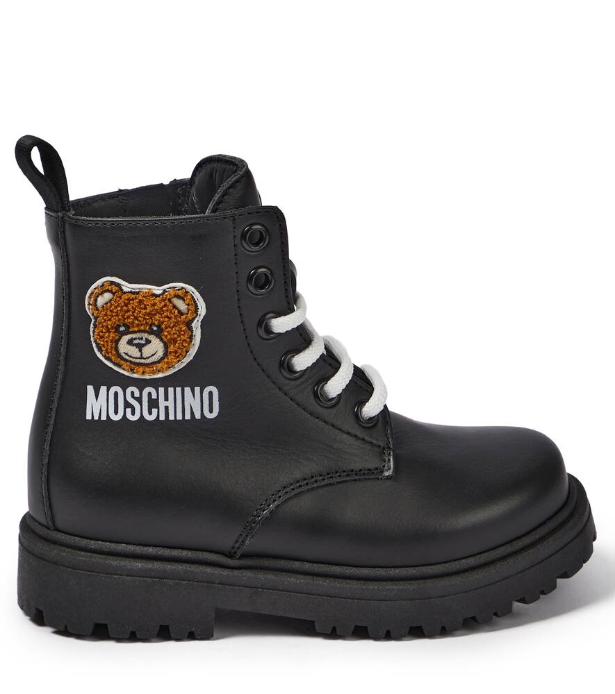 Shop Moschino Teddy Leather Lace-up Boots In Black