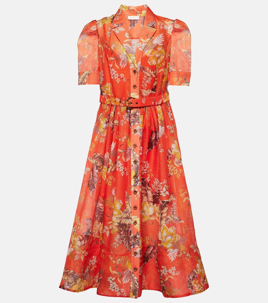 Zimmermann Belted Floral-print Linen And Silk-blend Gauze Midi Shirt Dress In Multicoloured