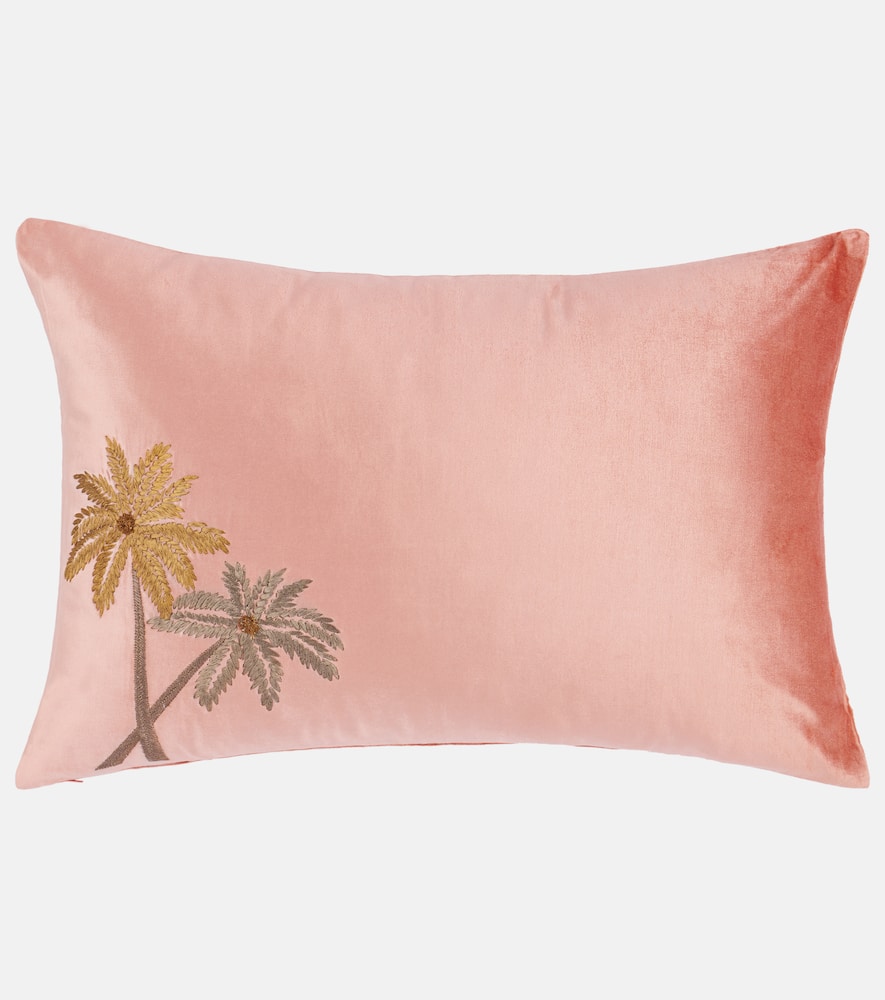 Les-ottomans Palms Embroidered Velvet Cushion In Pink