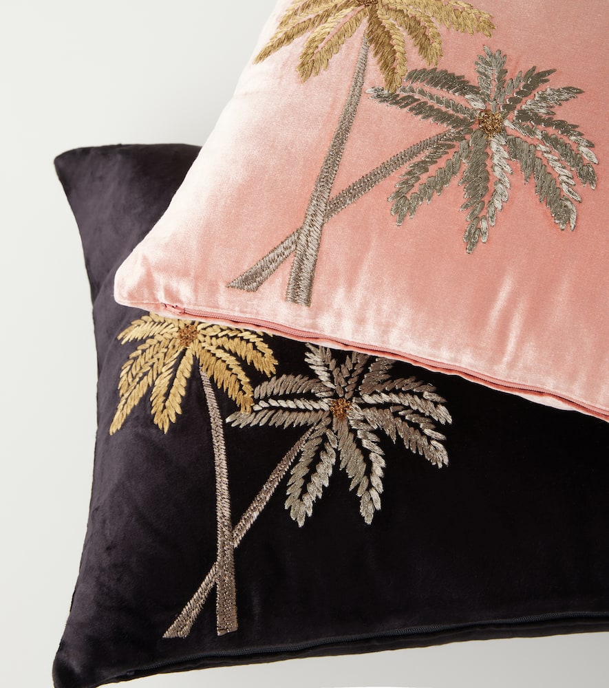 Les-ottomans Palms Embroidered Velvet Cushion In Pink