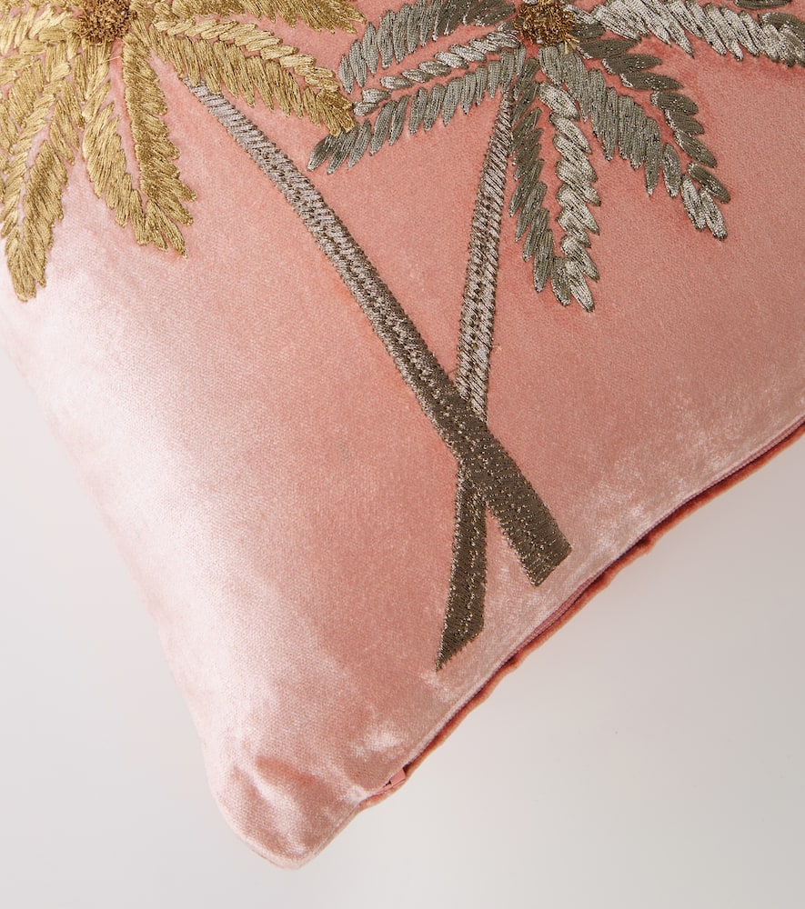 Les-ottomans Palms Embroidered Velvet Cushion In Pink