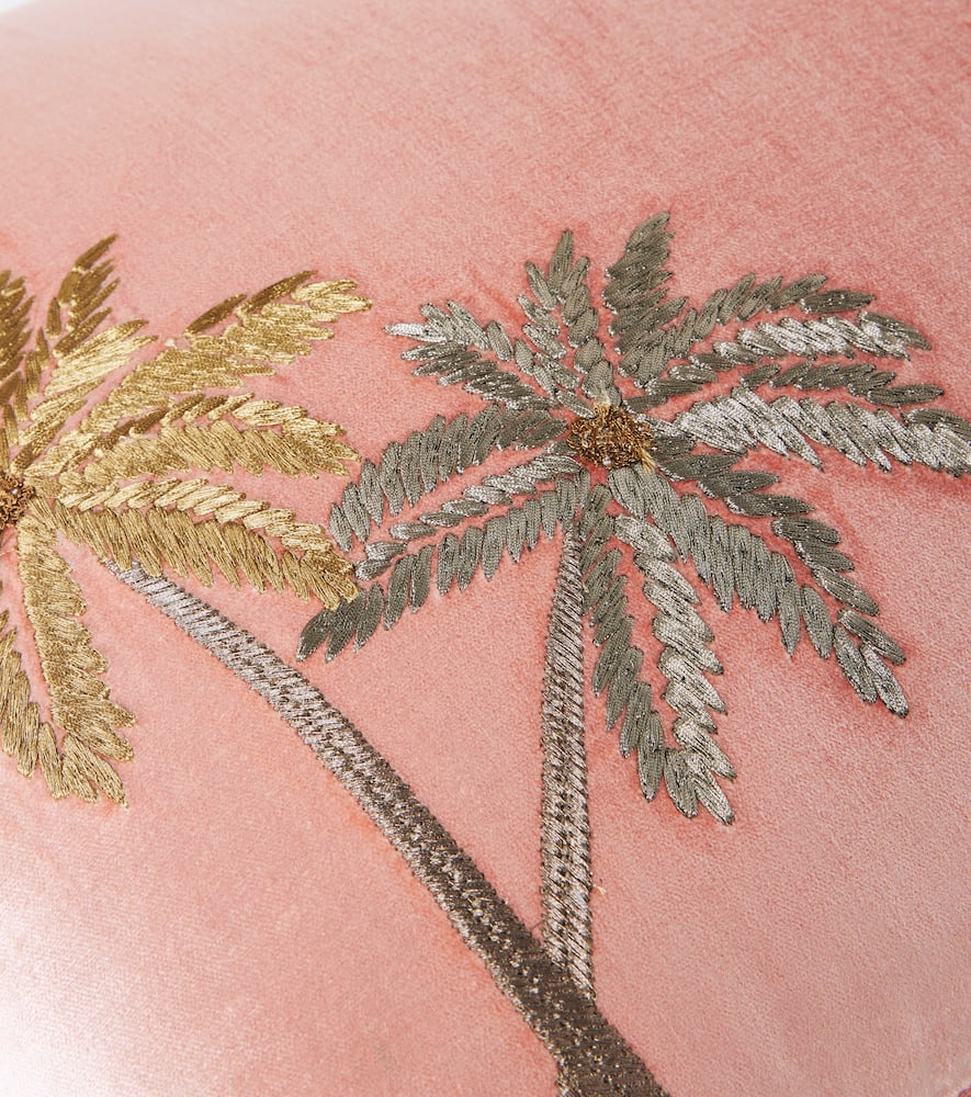 Les-ottomans Palms Embroidered Velvet Cushion In Pink