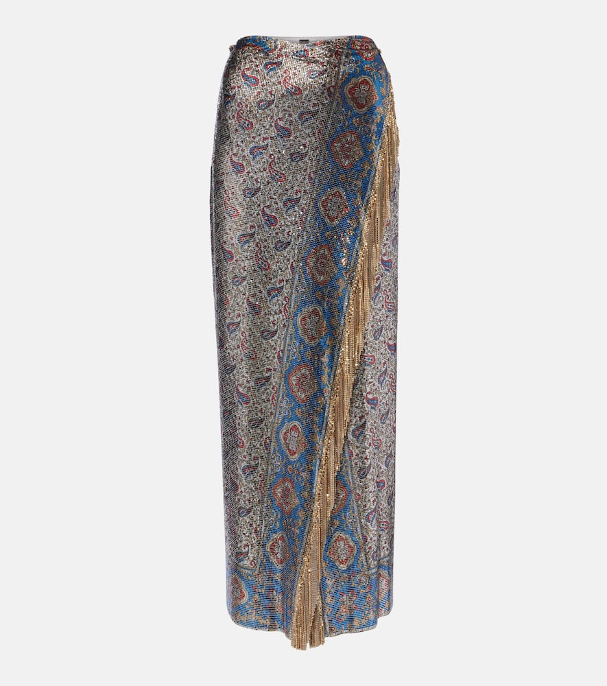 Fringed paisley aluminum mesh maxi skirt