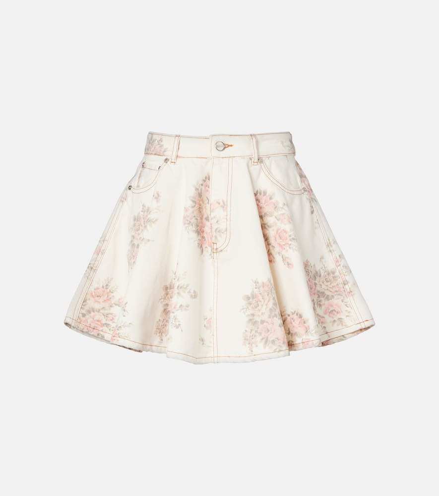 Ganni Floral Pleated Denim Miniskirt In Multi