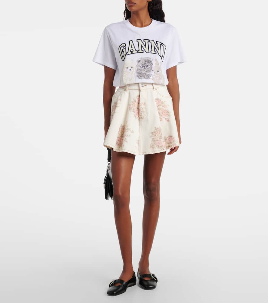 Ganni Floral Pleated Denim Miniskirt In Multi