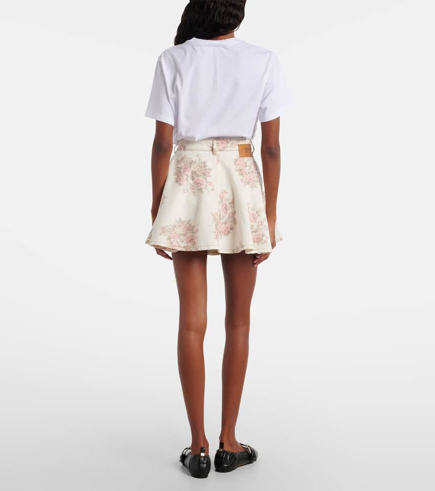 Ganni Floral Pleated Denim Miniskirt In Multi