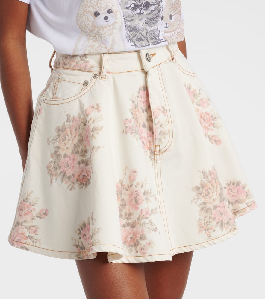 Ganni Floral Pleated Denim Miniskirt In Multi