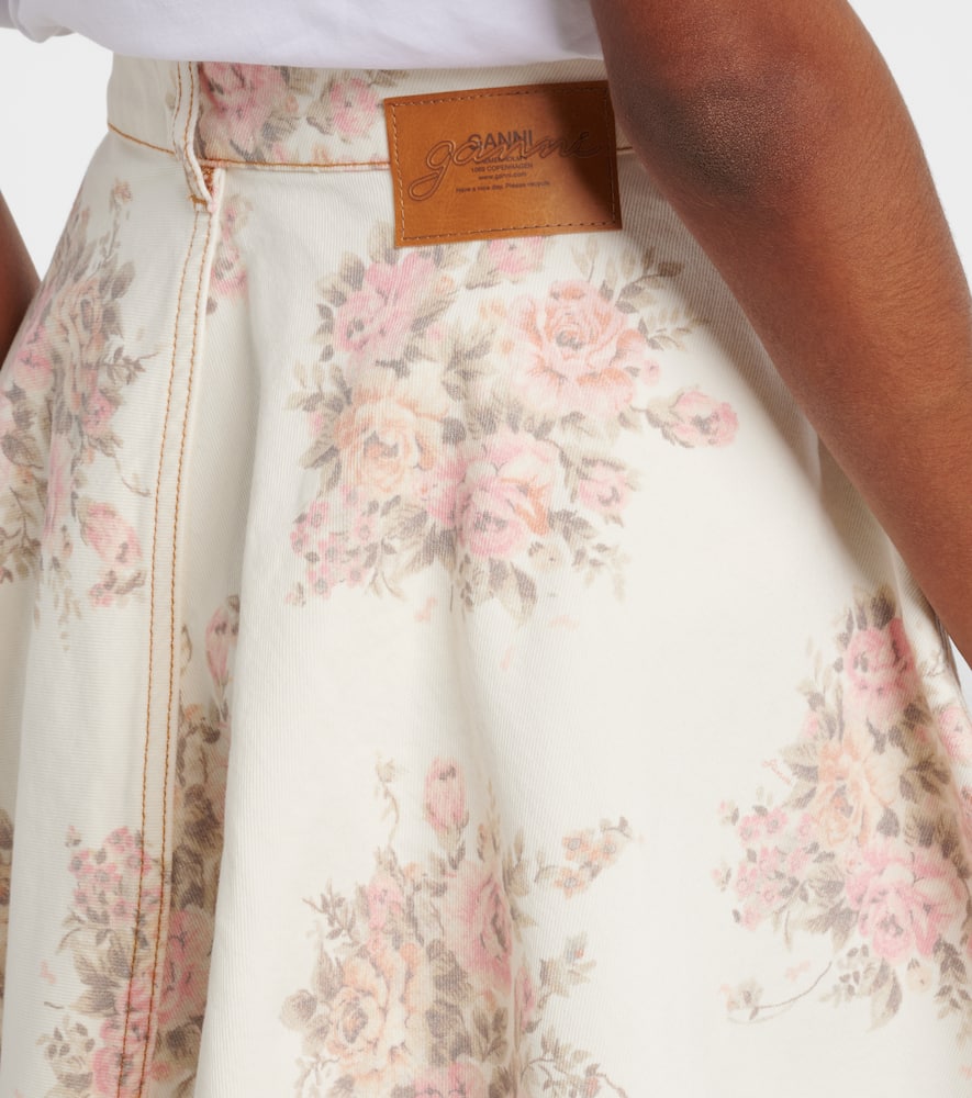 Ganni Floral Pleated Denim Miniskirt In Multi