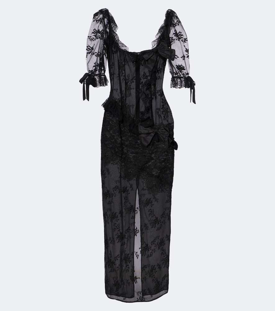 Abito midi in pizzo misto cotone con fiocco