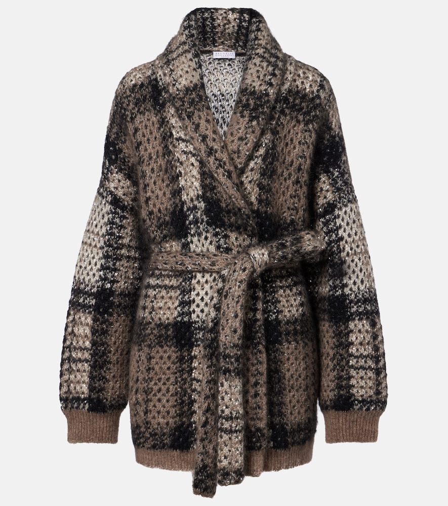 Brunello Cucinelli Checked Sequined Wrap Cardigan In Brown