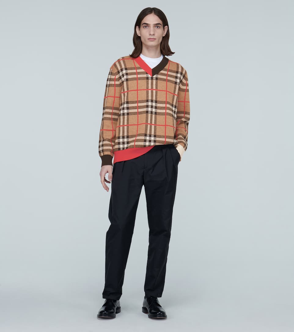 BURBERRY CHECK MERINO WOOL V-NECK SWEATER,P00433304