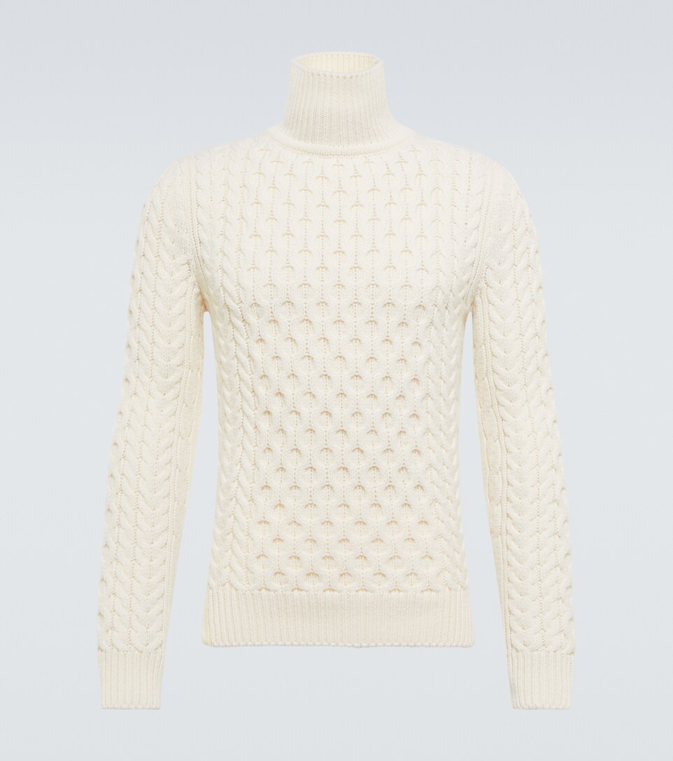 Alexander McQueen Men, Cable-Knit Turtleneck Virgin Wool Sweater, White, Patterned, S, Knitwear, Wool