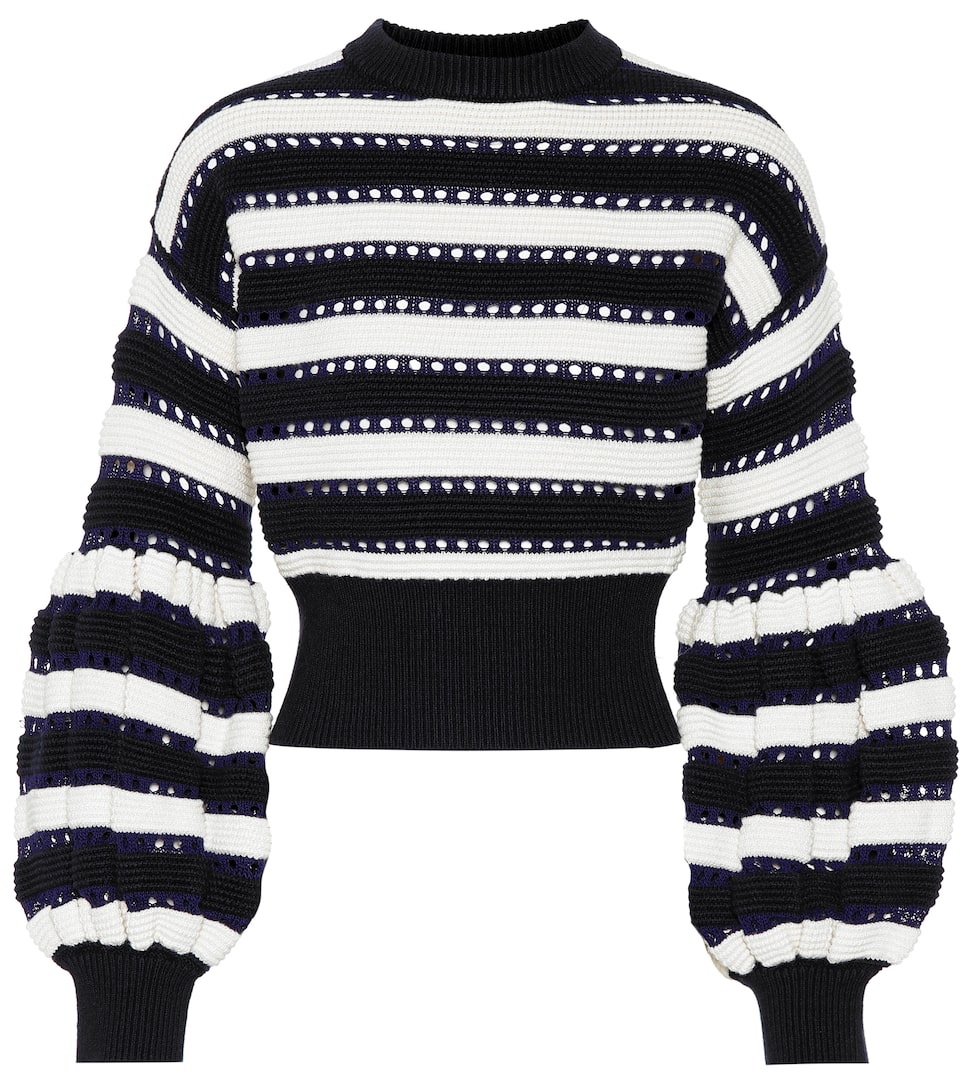 Click to view more detailed imagery on our partner's website Self-portrait Striped Open-knit Cotton And Wool-blend Sweater In Navy