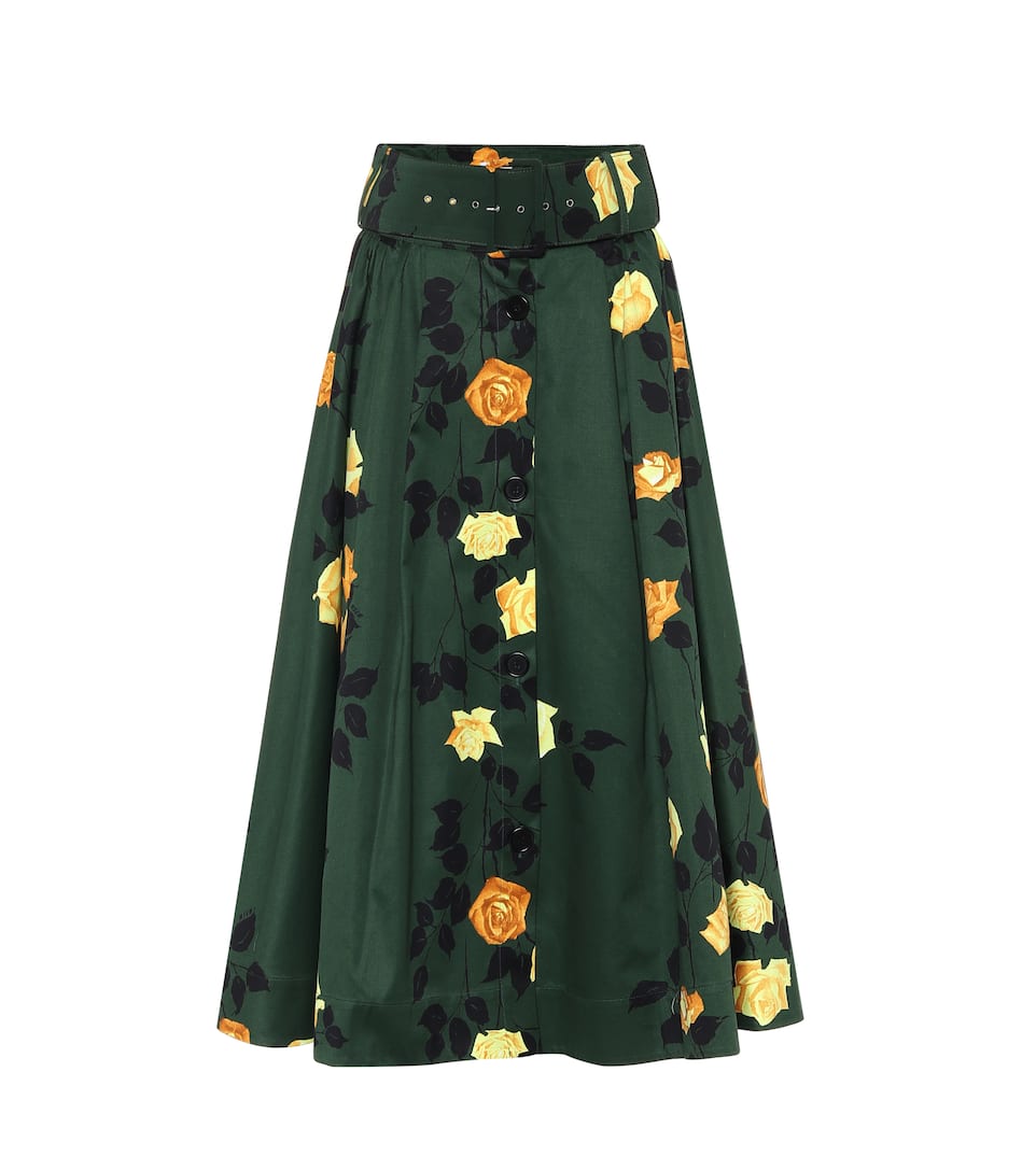 Click to view more detailed imagery on our partner's website Msgm Rose-print High-rise Belted Cotton Midi Skirt In Green