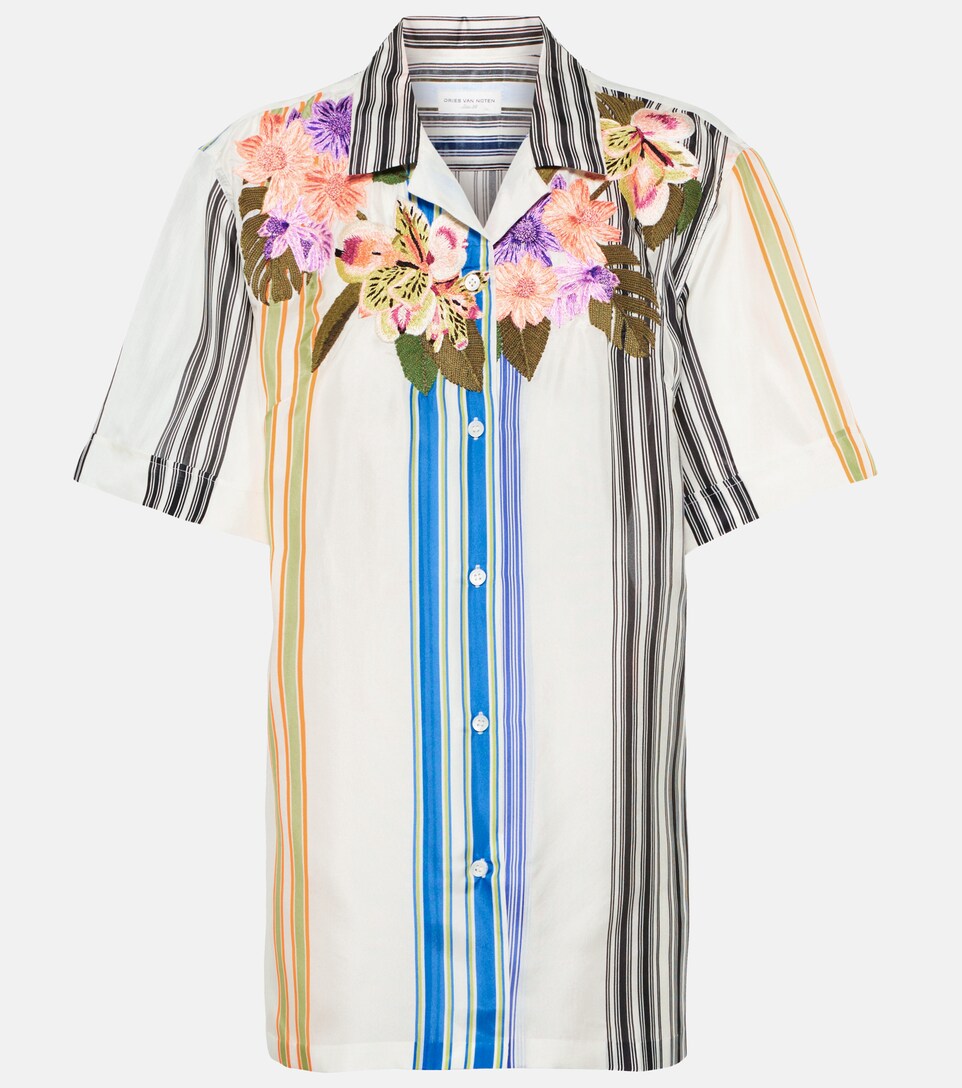 Floral-embroidered striped shirt 