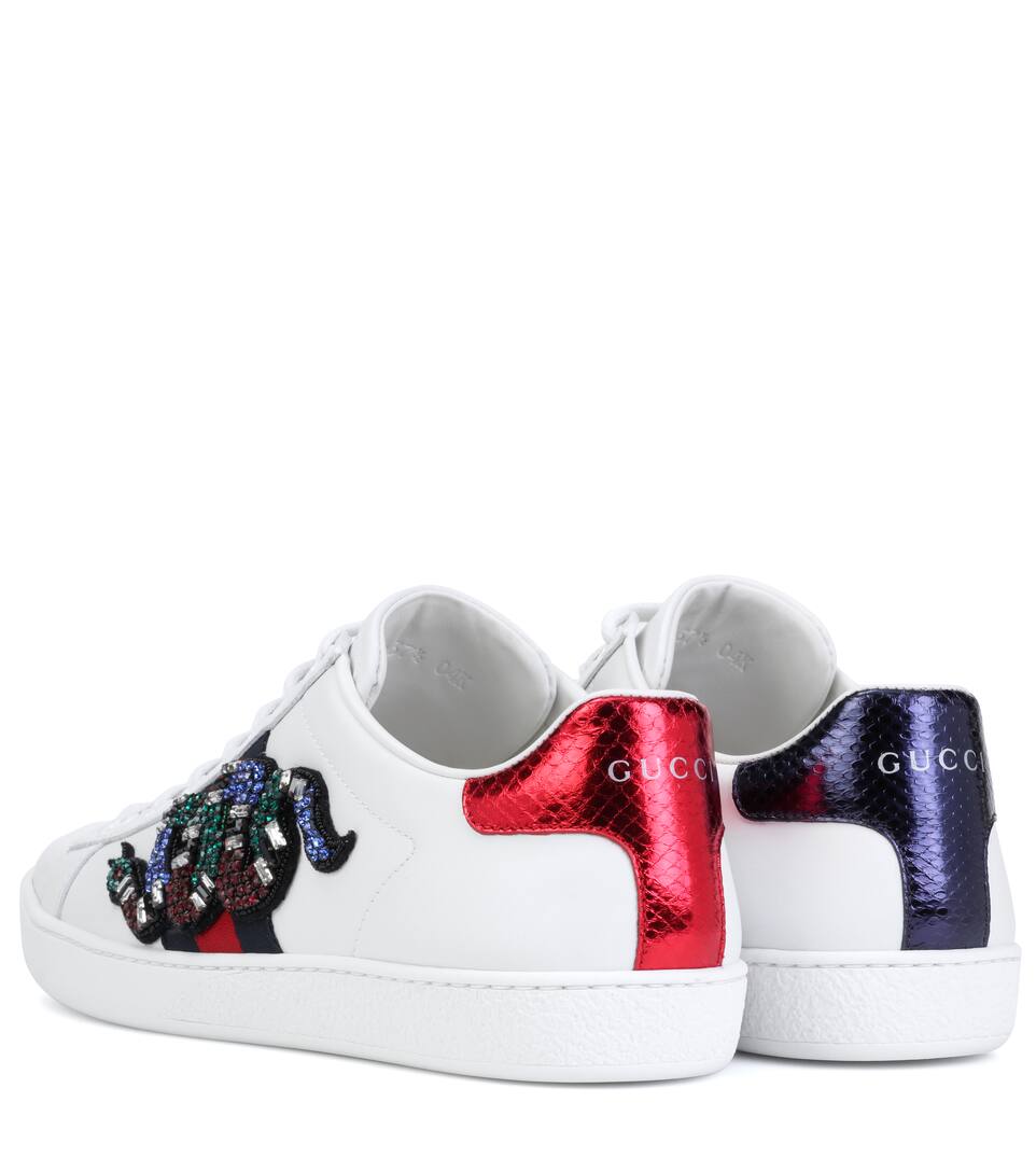 GUCCI New Ace CrystalEmbroidered Snake Leather LowTop Sneakers, White