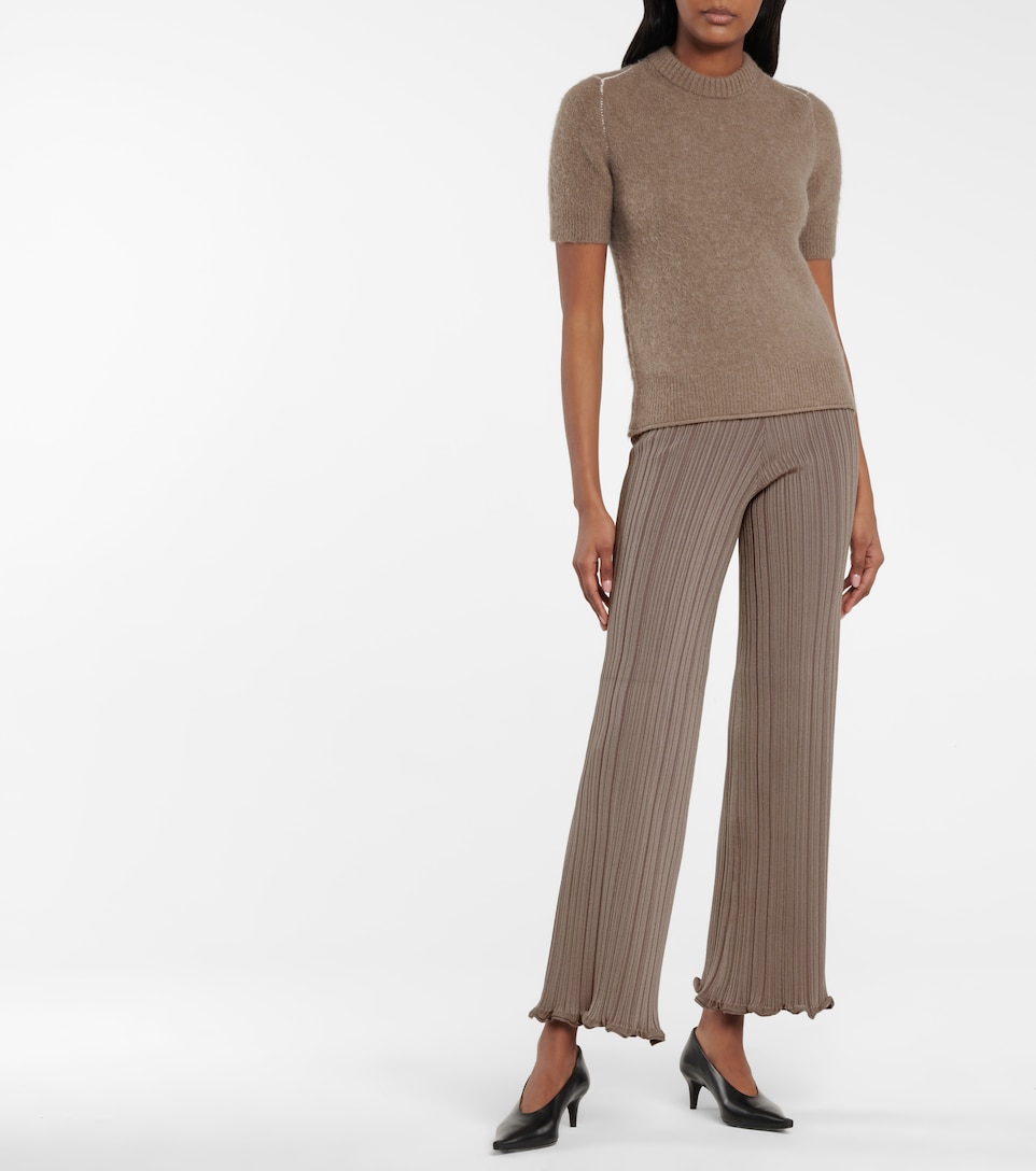 Ribbed-knit high-rise wide-leg pants 