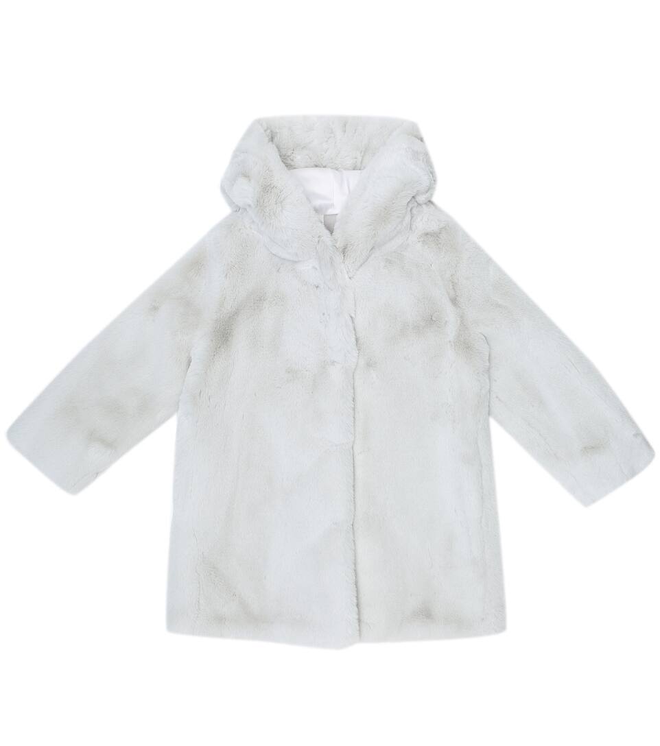 white hooded faux fur coat
