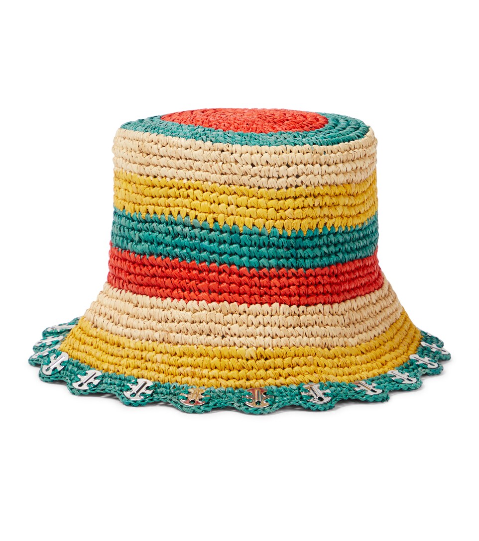 Embellished striped raffia bucket hat 