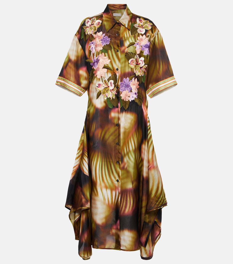 Embroidered printed silk shirt dress 