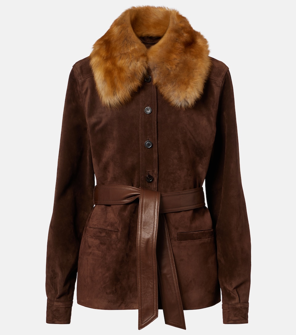 Belted shearling-trimmed suede jacket