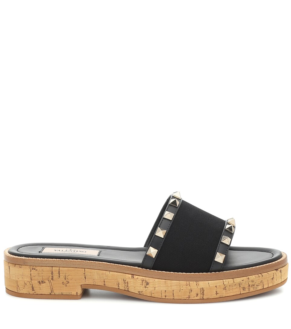 Valentino - Valentino Garavani Rockstud leather-trimmed platform slides | Mytheresa