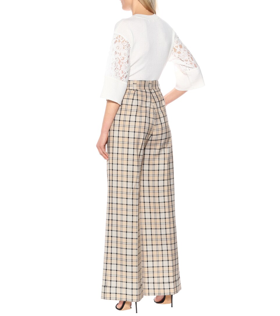 Checked high-rise straight pants 