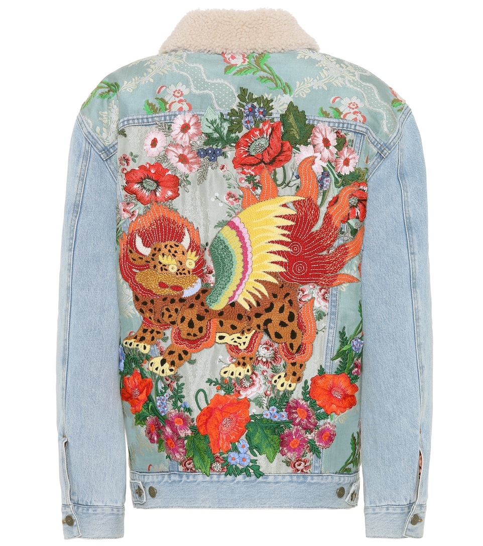 Gucci Shearling-Lined Embroidered Denim And Jacquard Jacket In Blue | ModeSens