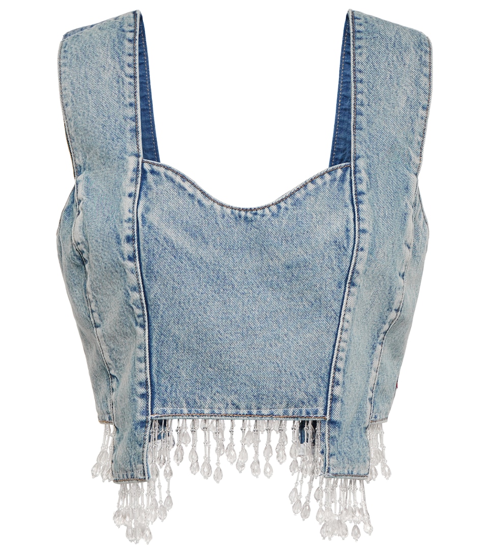 Ganni - Embellished denim crop top 