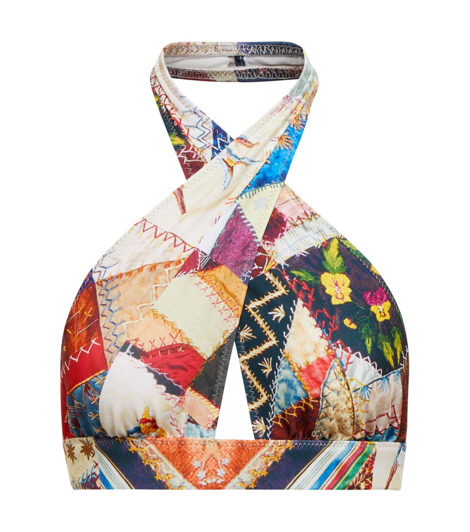 Printed crossover halterneck bikini top 