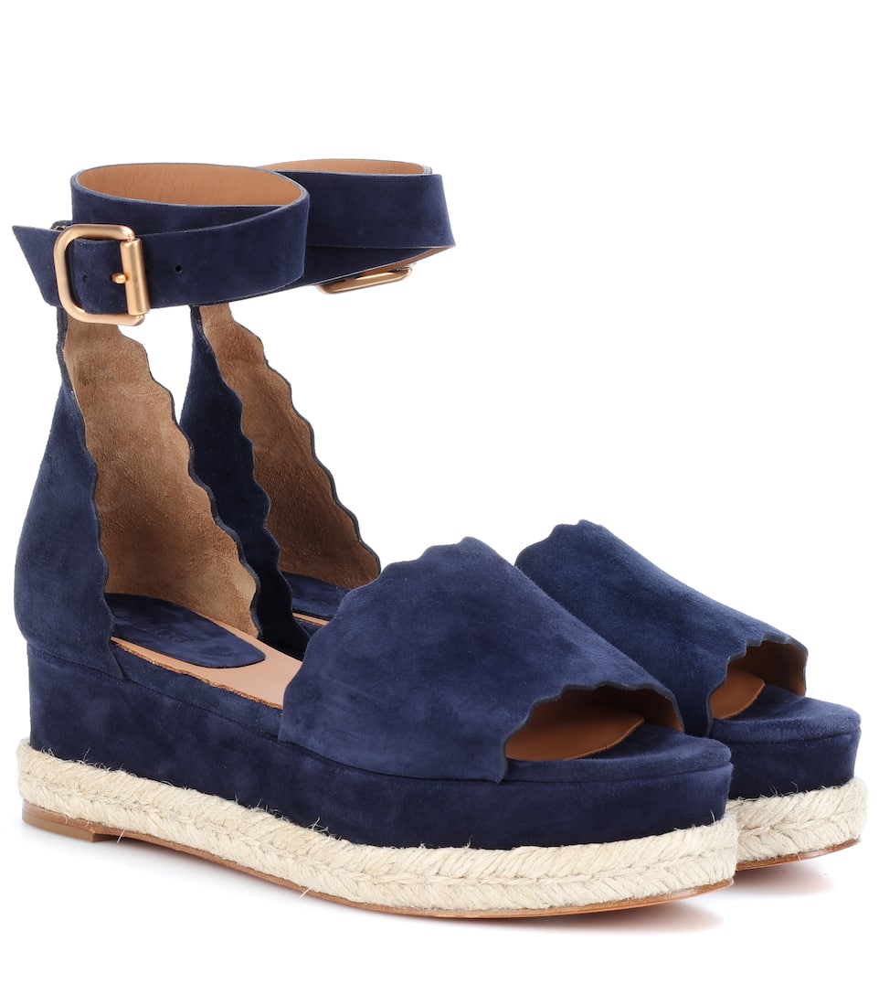 Chloe Scalloped Platform Espadrille Sandal In Blue Modesens