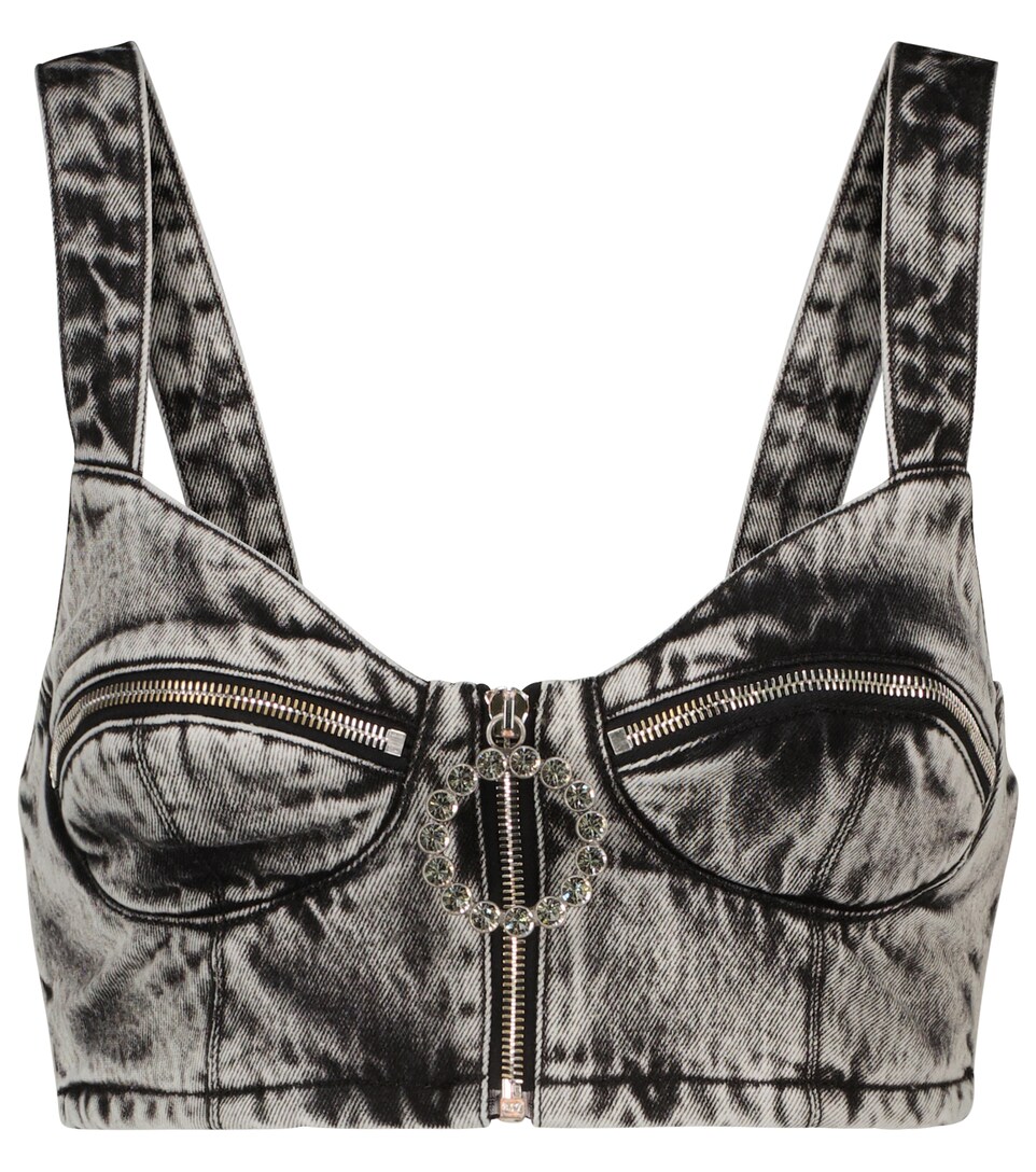 Crystal-embellished denim bustier 