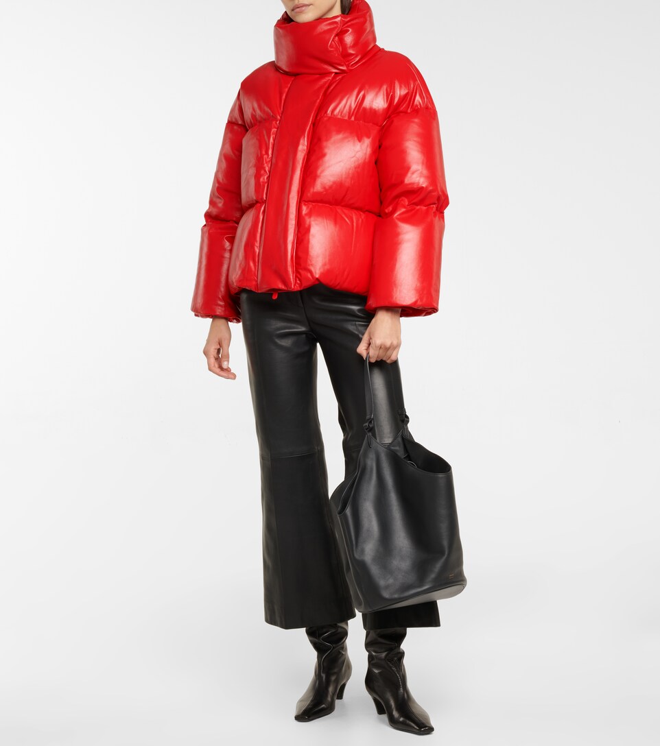 red leather puffer jacket