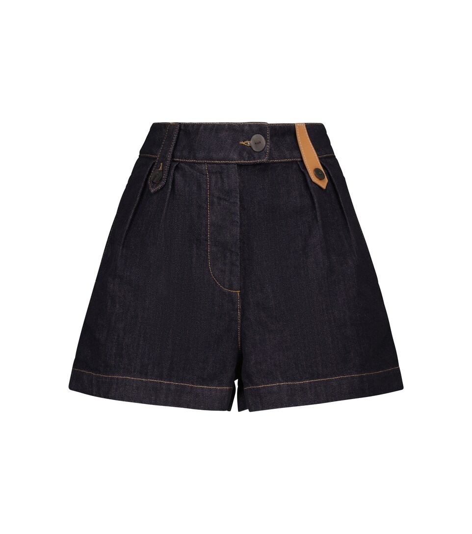 High-rise leather-trimmed denim shorts 