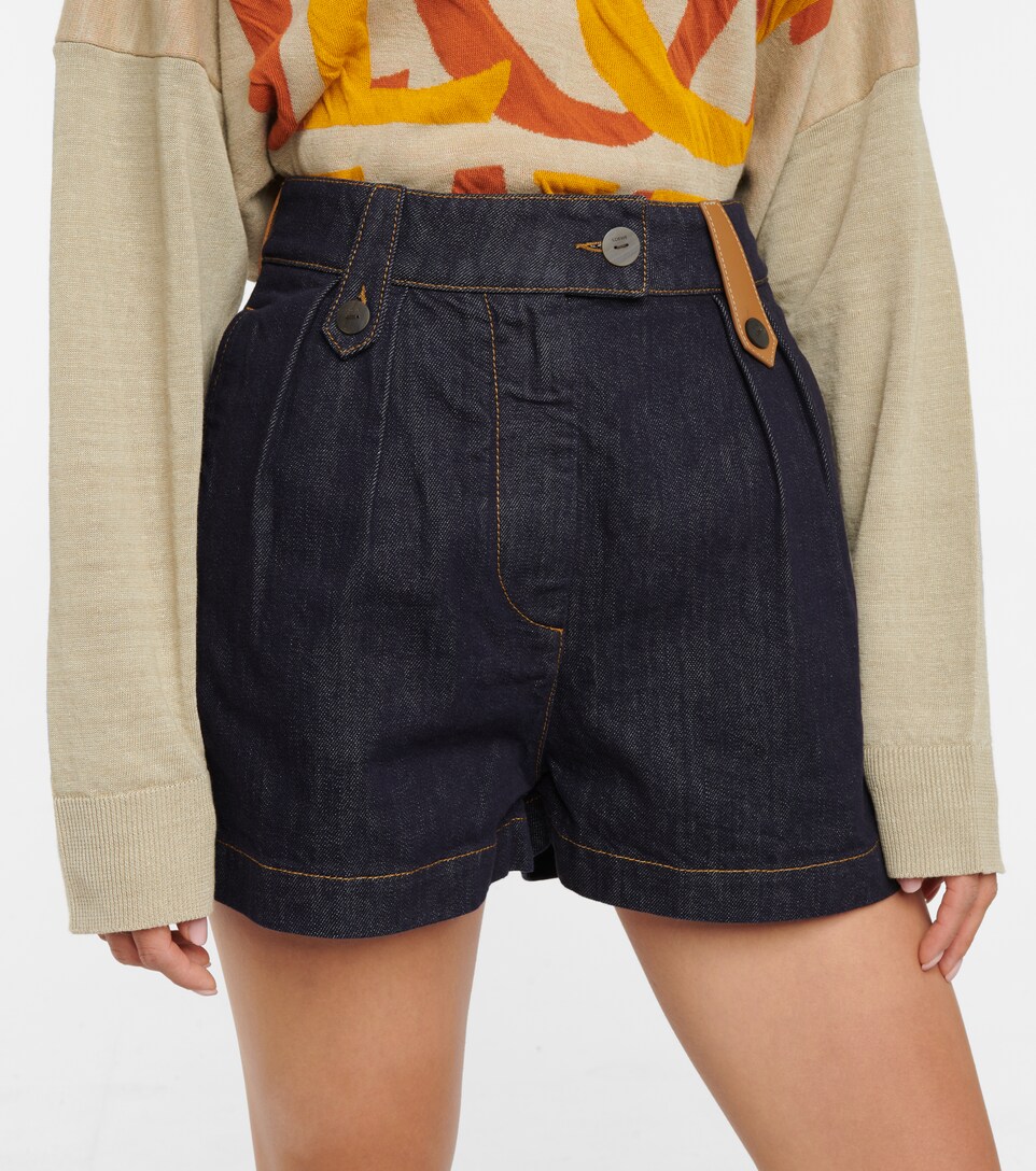High-rise leather-trimmed denim shorts 