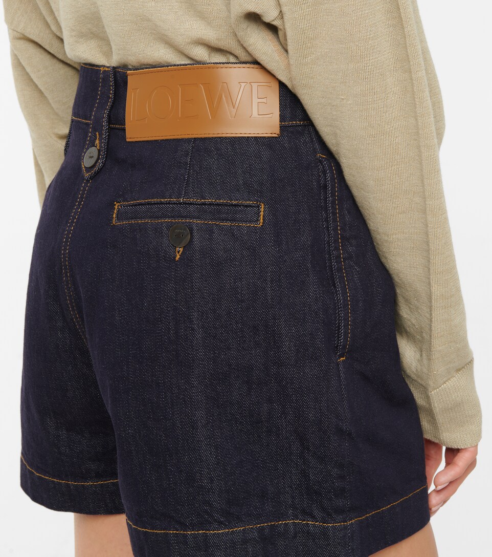High-rise leather-trimmed denim shorts 
