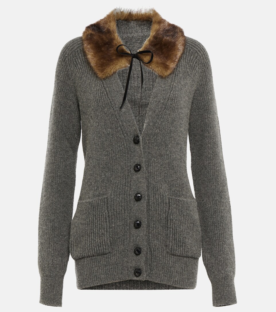 Faux fur-trimmed camel hair cardigan 