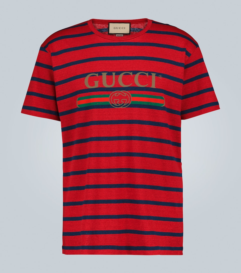 Gucci Stripe Logo Oversize Linen & Cotton T-shirt In Red | ModeSens