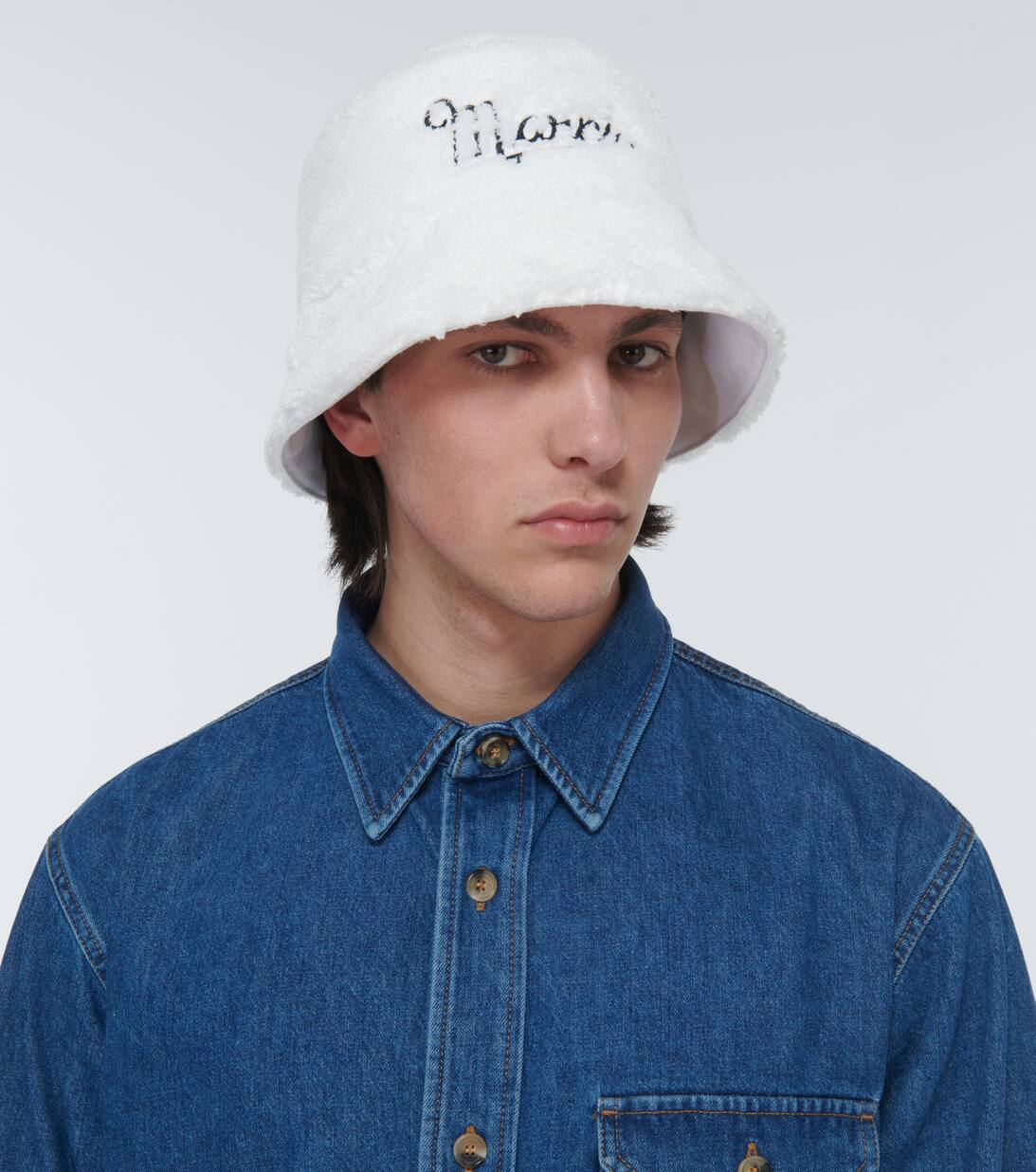Embroidered Faux Fur Bucket Hat in White Marni Mytheresa