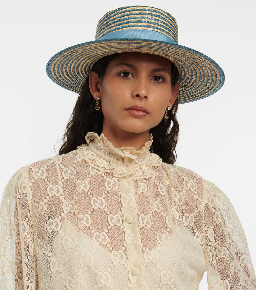 Striped Straw Boater Hat in Blue Gucci Mytheresa