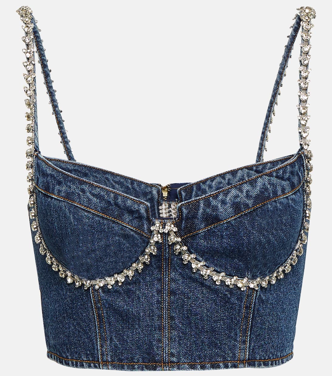 Embellished Cropped Denim Bustier in Blue Self Portrait Mytheresa