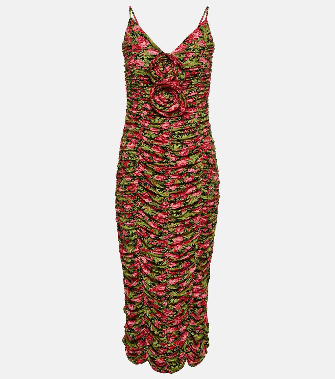 Floral Applique Ruched Jersey Midi Dress in Green Magda Butrym