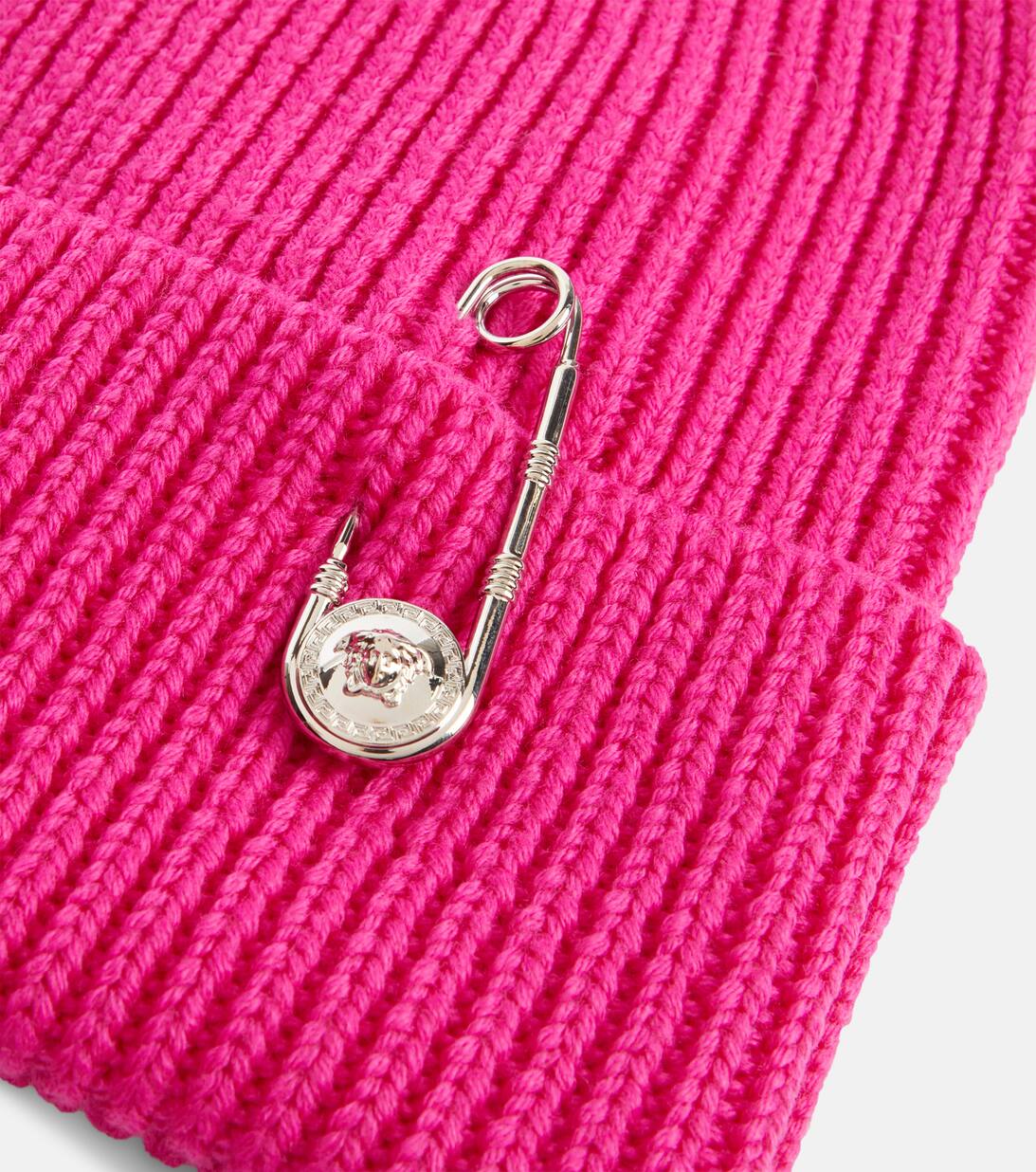 Safety Pin Ribbed Knit Wool Beanie in Pink Versace Mytheresa